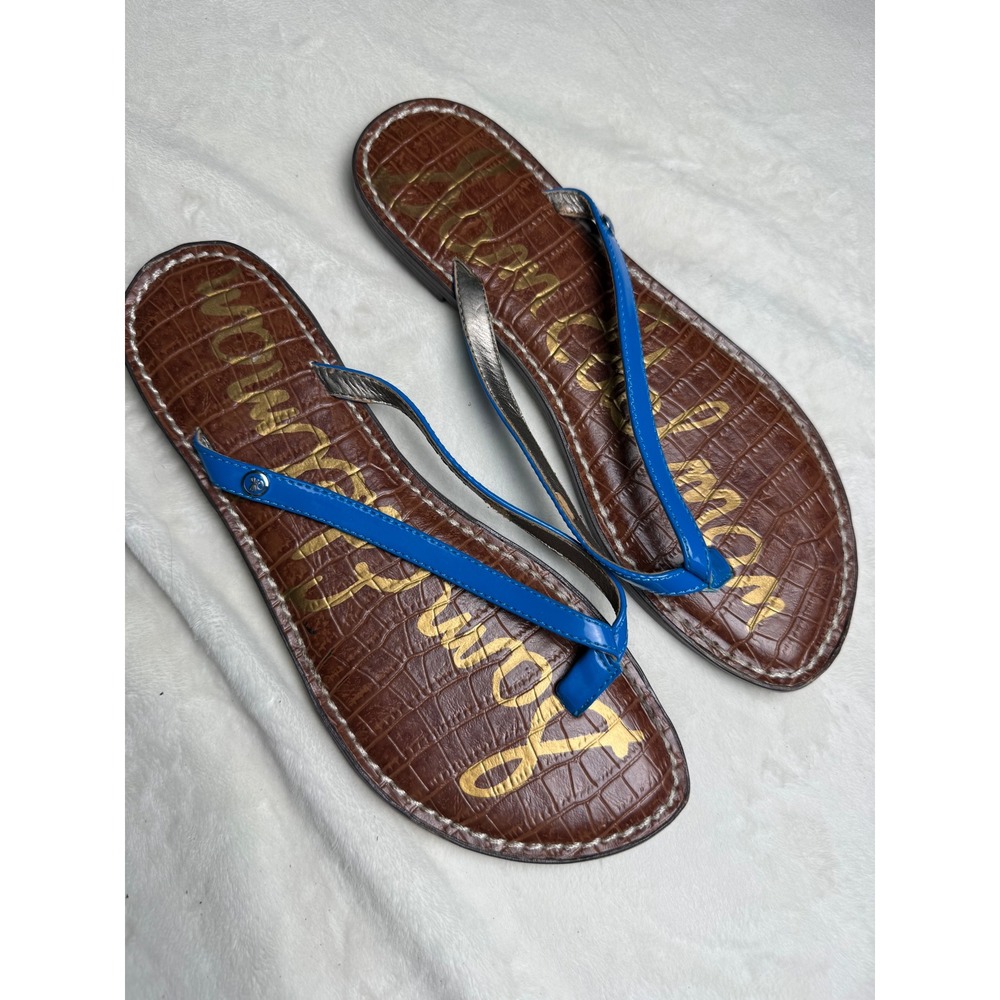 Sam Edelman Gracie Blue Brown Croc Embossed Thong Flat Sandals Mens 6.5M